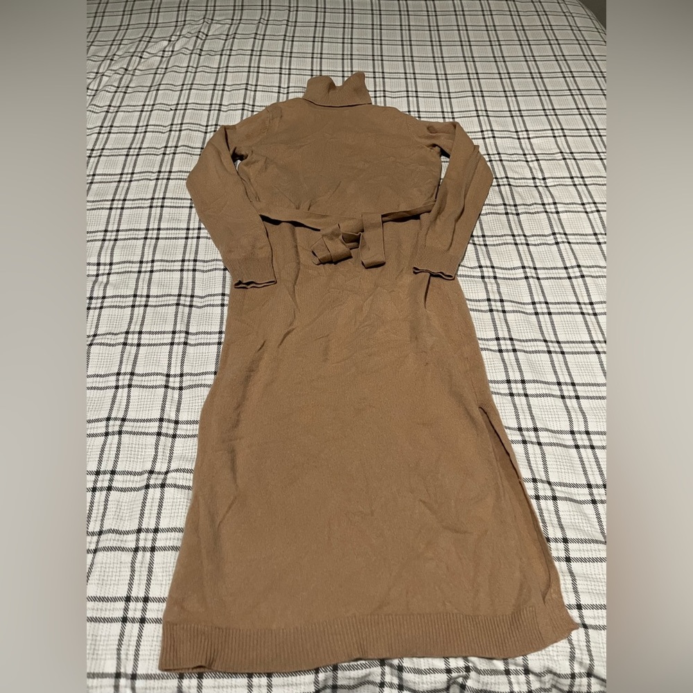 Theory Camel Tan Turtleneck Belted Knit Midi Sweater Dress‎ Small Side Slit
